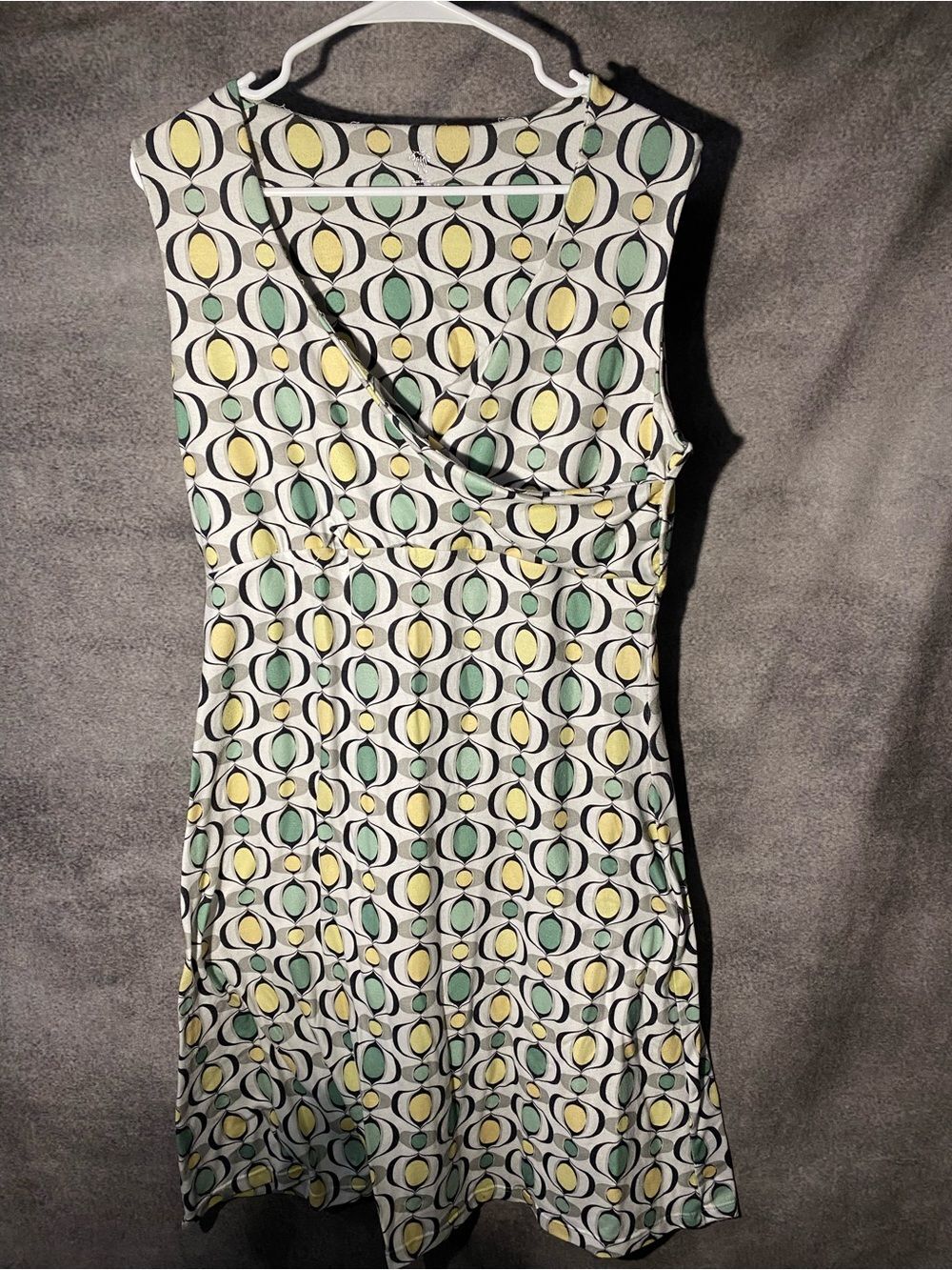 prAna Geometric Ogee Print Faux Wrap Dress Size XL Green Yellow Retro Mid-Mod